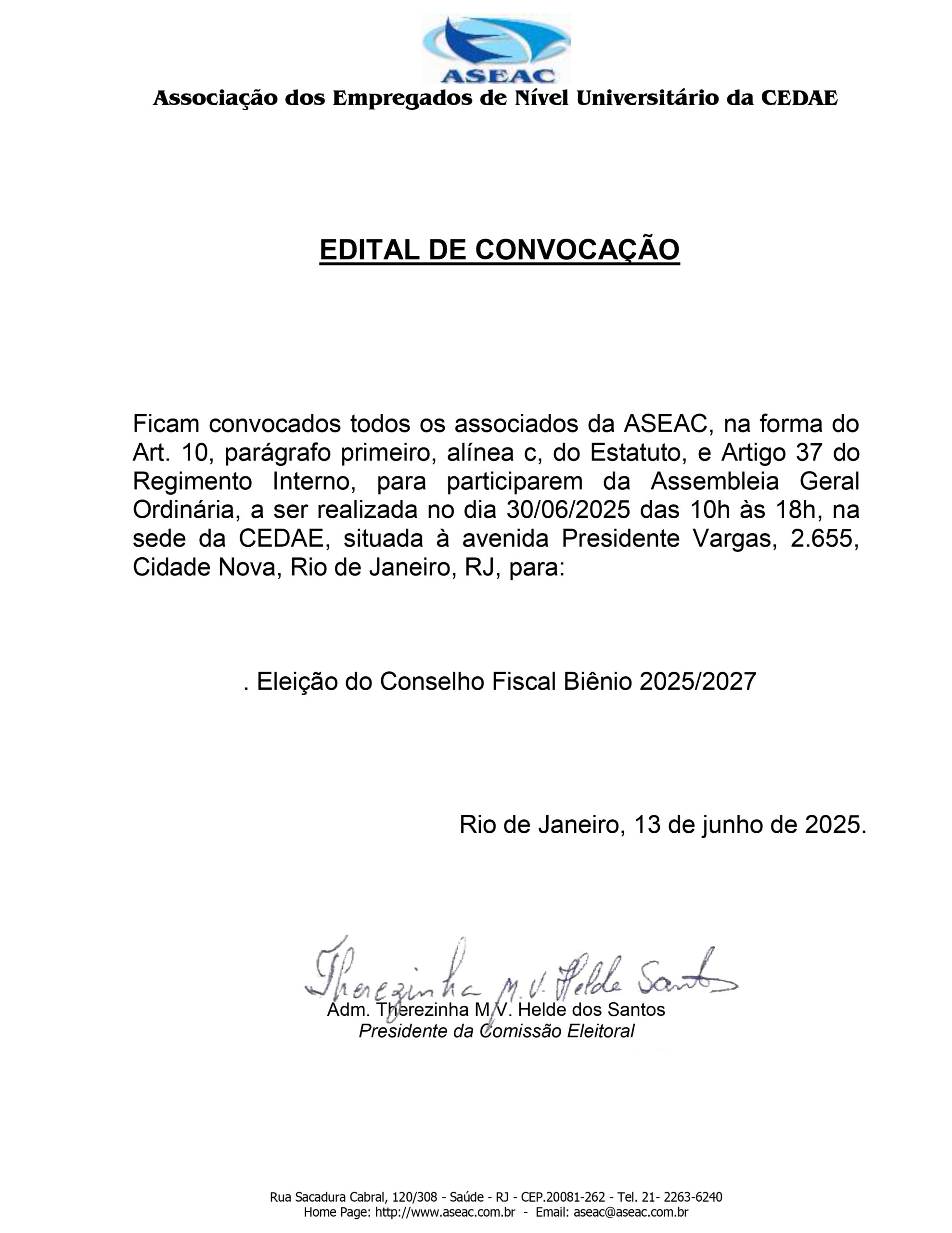Edital de convoncação – Eleições ASEAC 2025 – Conselho Fiscal Biênio 2025/2027