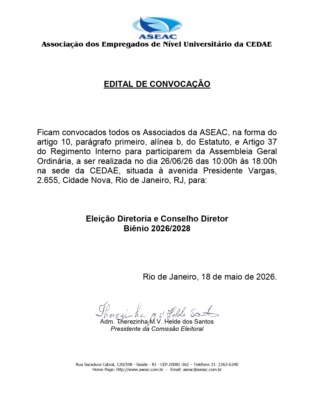 Edital de Convocação das Eleições Biênio 2026/2028 – Diretoria Executiva e Conselho Diretor