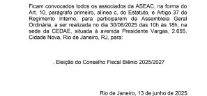 Edital de convoncação – Eleições ASEAC 2025 – Conselho Fiscal Biênio 2025/2027
